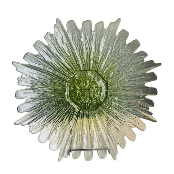 17” Green Sunflower Platter Hand Blown Art Glass Large Serving Tray Heavy Flower - Picture 1 of 12